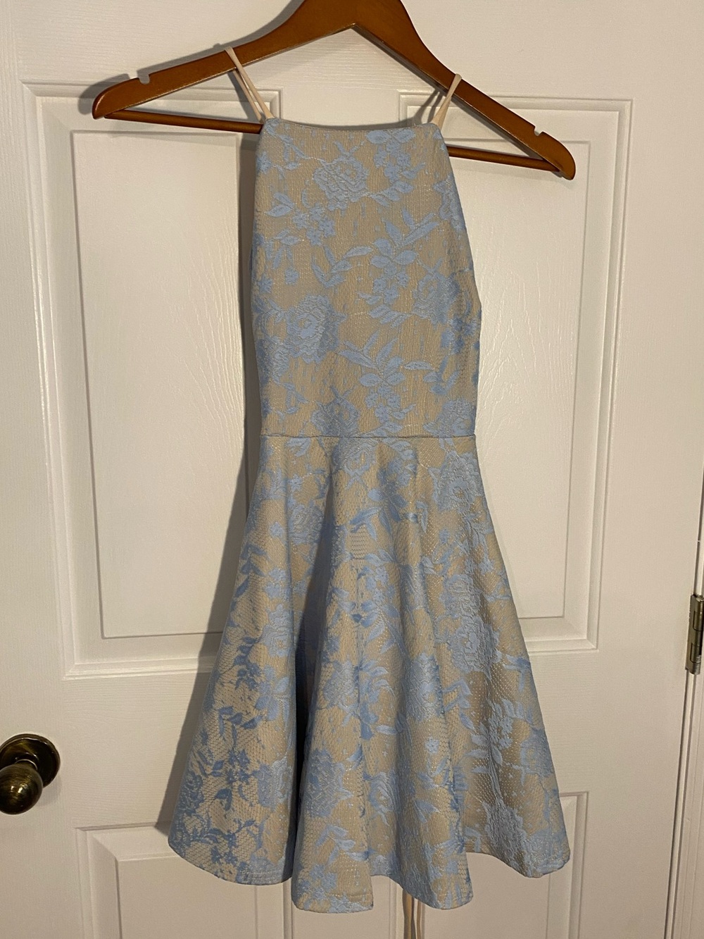 Trac Blue and Cream Floral Halter Fit-and-Flare Dress